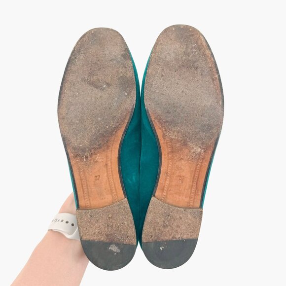 Gucci Jordaan Horsebit Loafer EU 37 US 7 Teal Velvet Flat Buckle Shoe Green Blue - Picture 9 of 12